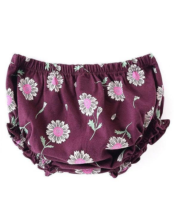 Babyhug 100% Cotton Single Jersey Knit Half Sleeves Frock With Bloomer Floral Print - Maroon