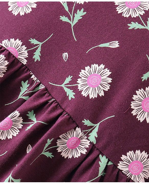 Babyhug 100% Cotton Single Jersey Knit Half Sleeves Frock With Bloomer Floral Print - Maroon