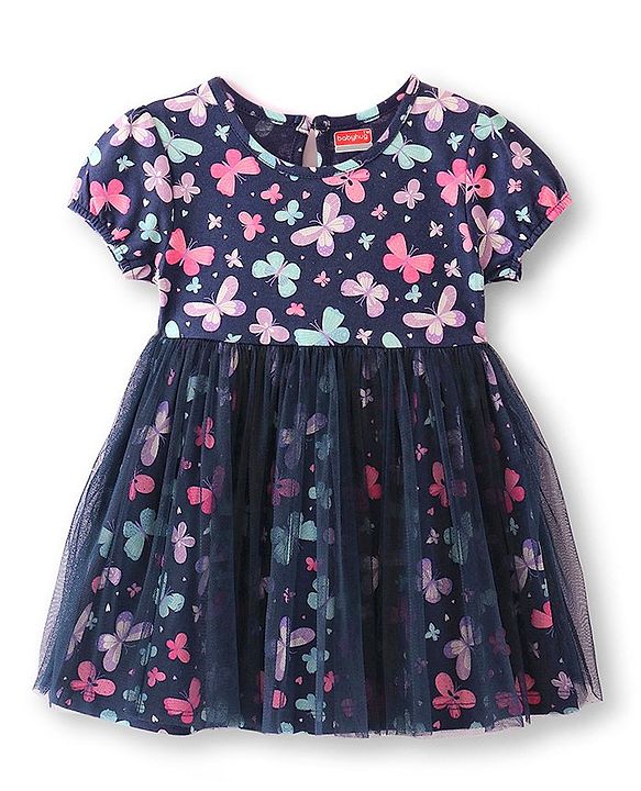 Babyhug 100% Cotton Single Jersey Knit Half Sleeves Frock With Bloomer Butterfly Print - Navy Blue