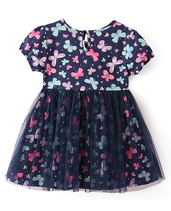Babyhug 100% Cotton Single Jersey Knit Half Sleeves Frock With Bloomer Butterfly Print - Navy Blue