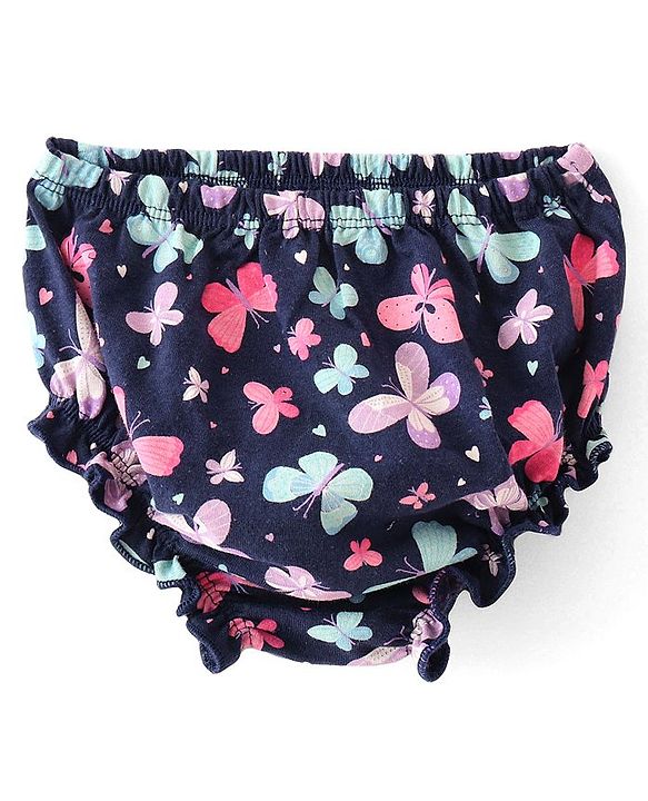 Babyhug 100% Cotton Single Jersey Knit Half Sleeves Frock With Bloomer Butterfly Print - Navy Blue