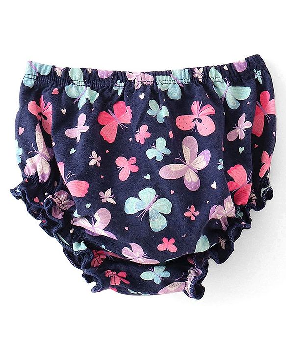 Babyhug 100% Cotton Single Jersey Knit Half Sleeves Frock With Bloomer Butterfly Print - Navy Blue