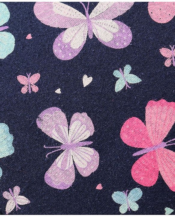 Babyhug 100% Cotton Single Jersey Knit Half Sleeves Frock With Bloomer Butterfly Print - Navy Blue