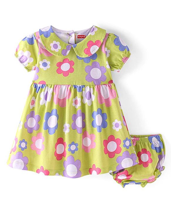 Babyhug Single Jersey Knit Half Sleeves Floral Printed Frock with Bloomer - Green