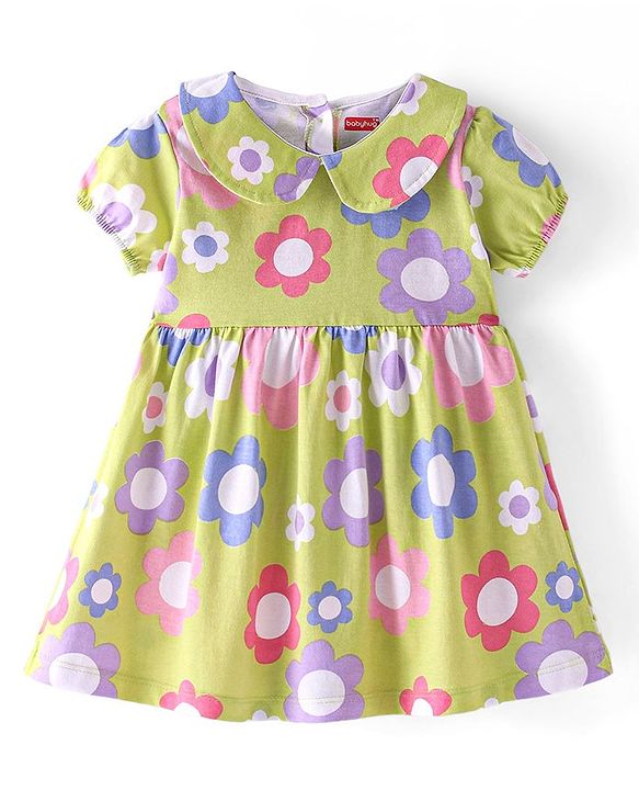 Babyhug Single Jersey Knit Half Sleeves Floral Printed Frock with Bloomer - Green