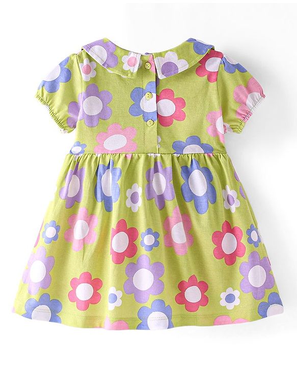 Babyhug Single Jersey Knit Half Sleeves Floral Printed Frock with Bloomer - Green