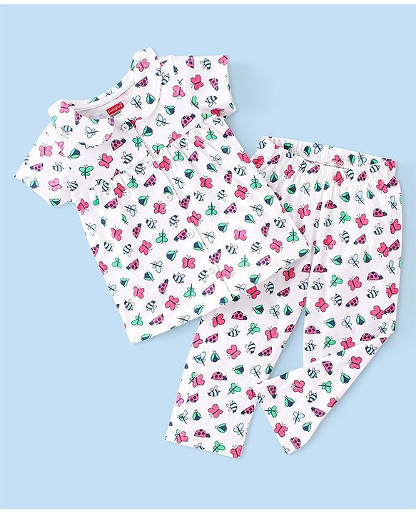 Babyhug Single Jersey Cotton Knit Half Sleeves Night Suit Butterfly Print - White