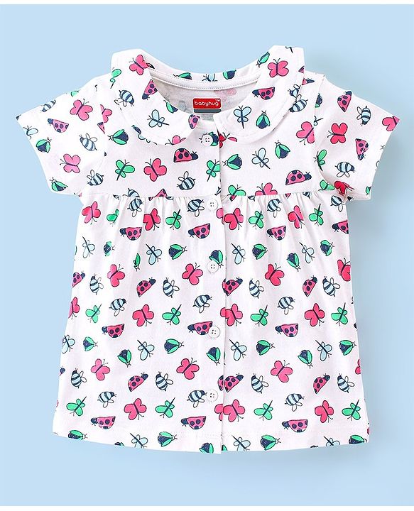 Babyhug Single Jersey Cotton Knit Half Sleeves Night Suit Butterfly Print - White