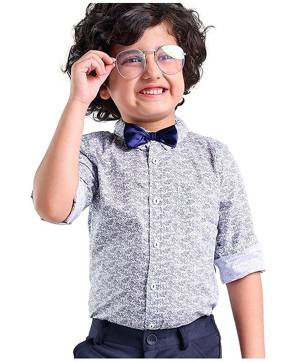 Babyhug Woven Party Wear Full Sleeves Shirt With Bow Floral Print - Blue