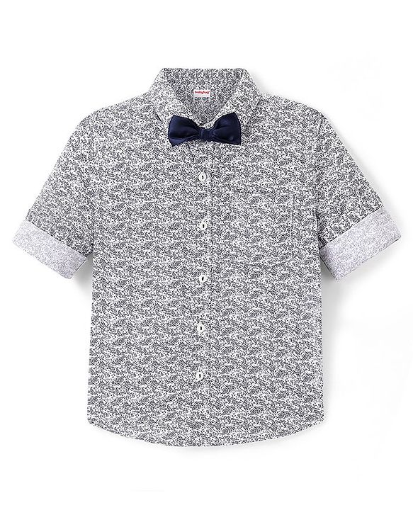 Babyhug Woven Party Wear Full Sleeves Shirt With Bow Floral Print - Blue