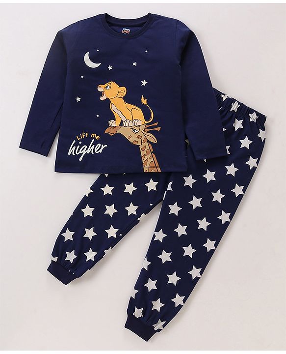 Babyhug Disney 100% Cotton Knit Single Jersey Half Sleeve Night Suit with Lion King Graphics - Navy Blue