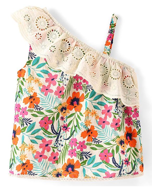Babyhug Rayon Woven Sleeveless Top with Lace Detailing & Floral Print- Off White