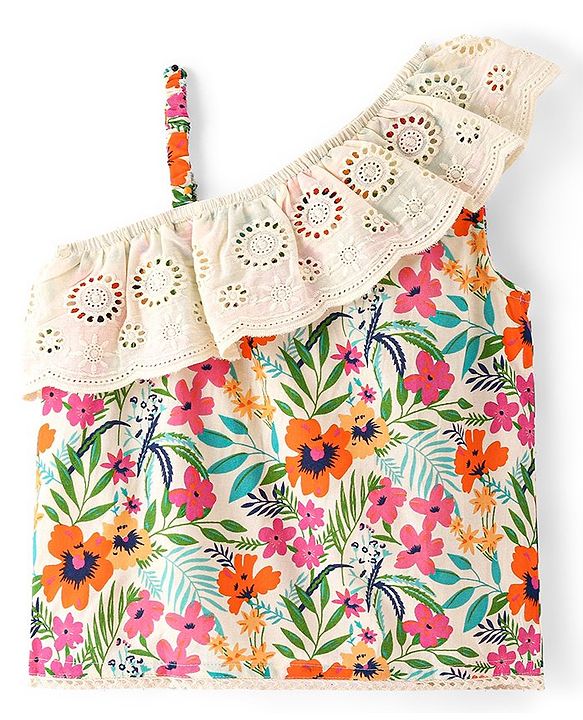 Babyhug Rayon Woven Sleeveless Top with Lace Detailing & Floral Print- Off White