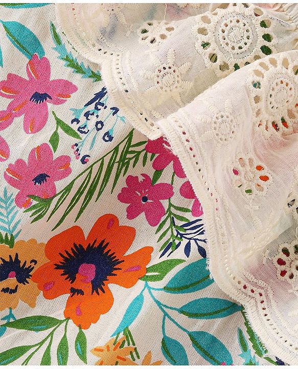 Babyhug Rayon Woven Sleeveless Top with Lace Detailing & Floral Print- Off White