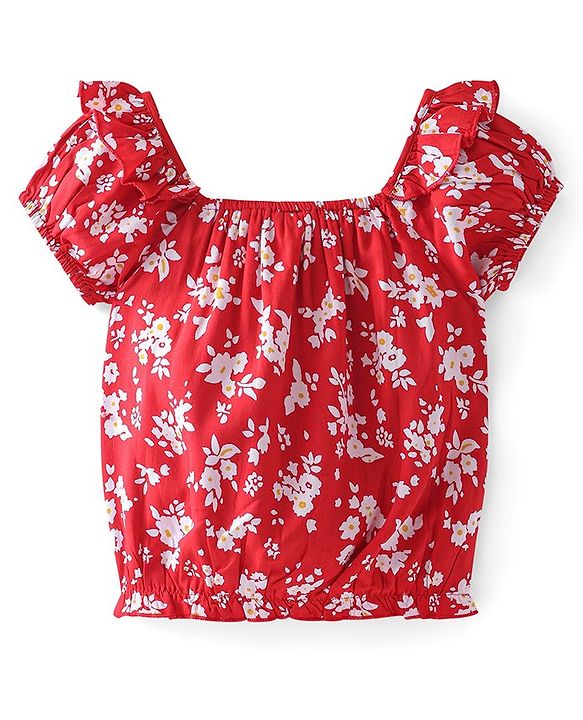 Babyhug Rayon Woven Half Sleeves Floral Printed Top - Red