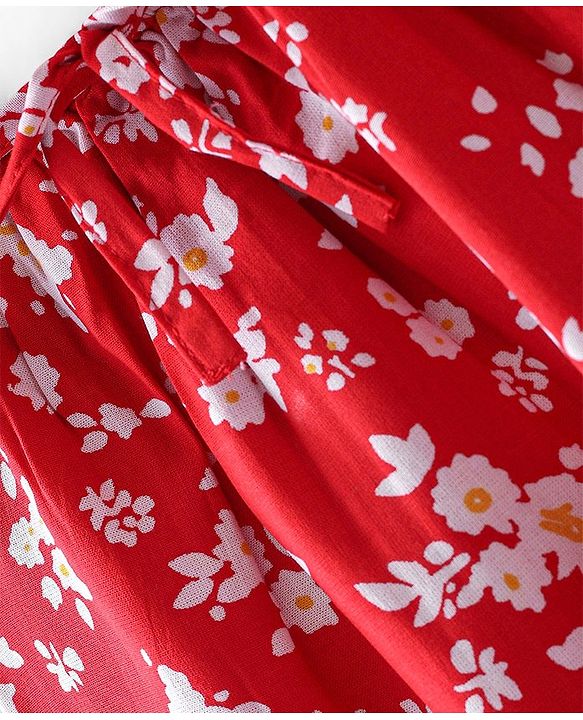 Babyhug Rayon Woven Half Sleeves Floral Printed Top - Red