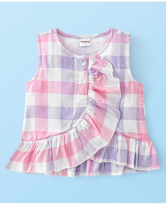 Babyhug Sleeveless Top with Checks & Frill Design - Pink & Purple