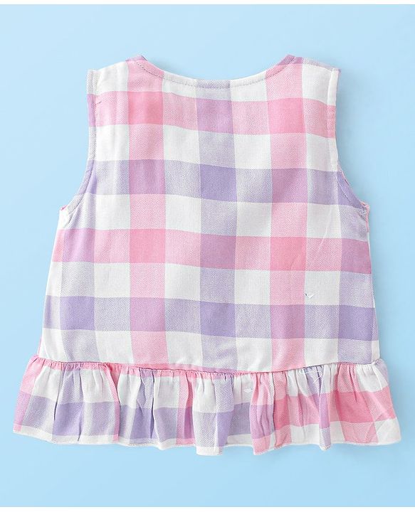 Babyhug Sleeveless Top with Checks & Frill Design - Pink & Purple