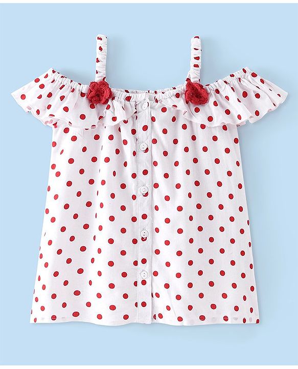 Babyhug Rayon Woven Cold Shoulder Sleeves Top with Floral Applique & Polka Dot Print-  White