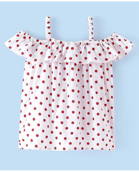 Babyhug Rayon Woven Cold Shoulder Sleeves Top with Floral Applique & Polka Dot Print-  White