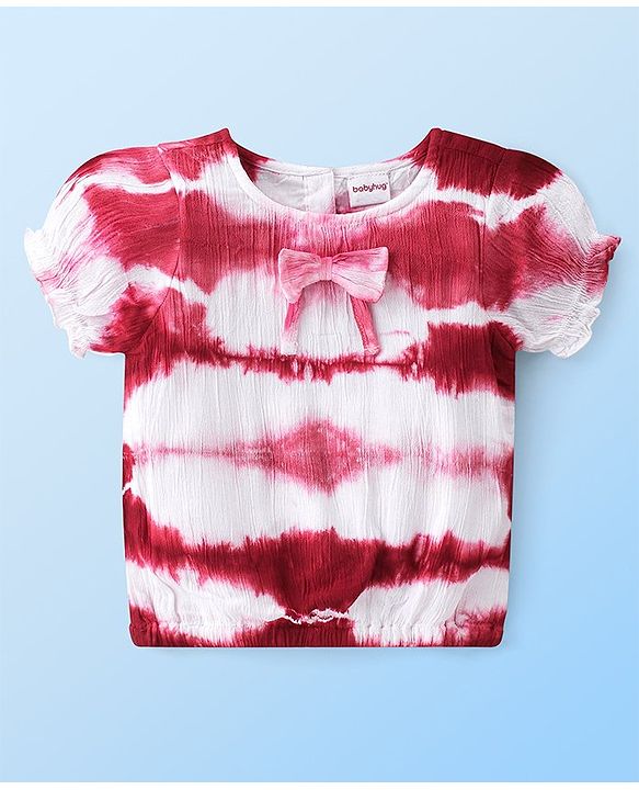 Babyhug Rayon Woven Half Sleeves Top with Tie & Die Pattern-White & Fuchisa