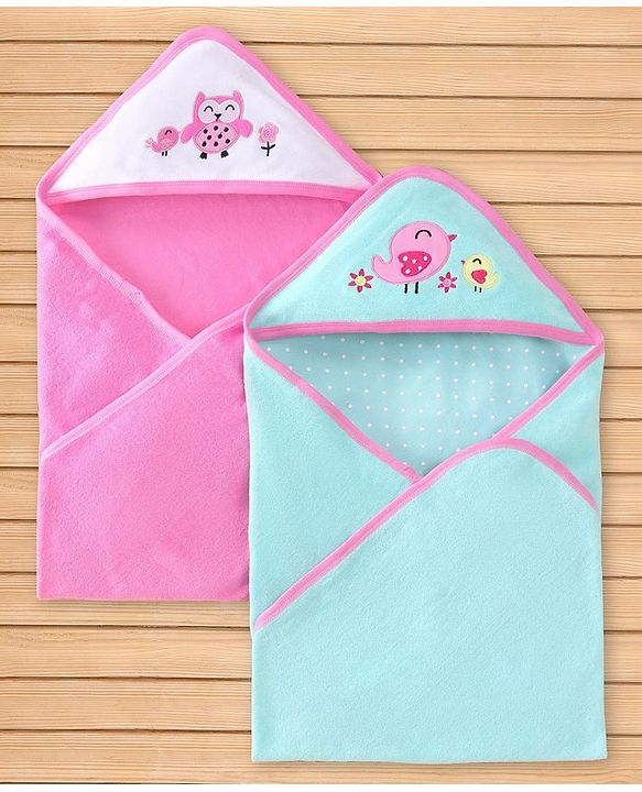 Babyhug Terry Knit Hooded Towel Set  Owl and Sparrow Patch Pack of 2 - Pink & Blue