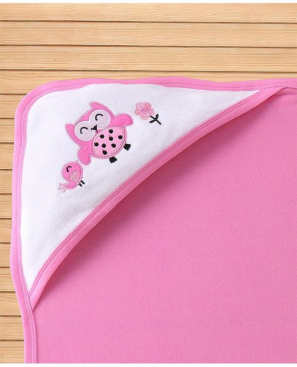 Babyhug Terry Knit Hooded Towel Set  Owl and Sparrow Patch Pack of 2 - Pink & Blue