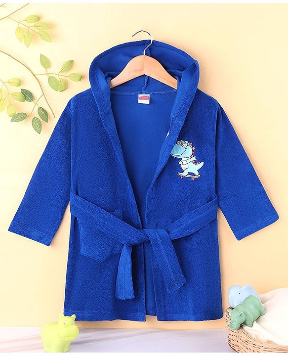 Babyhug Terry Knit Full Sleeves Hooded Bath Robe With Dino Embroidery - Navy Blue