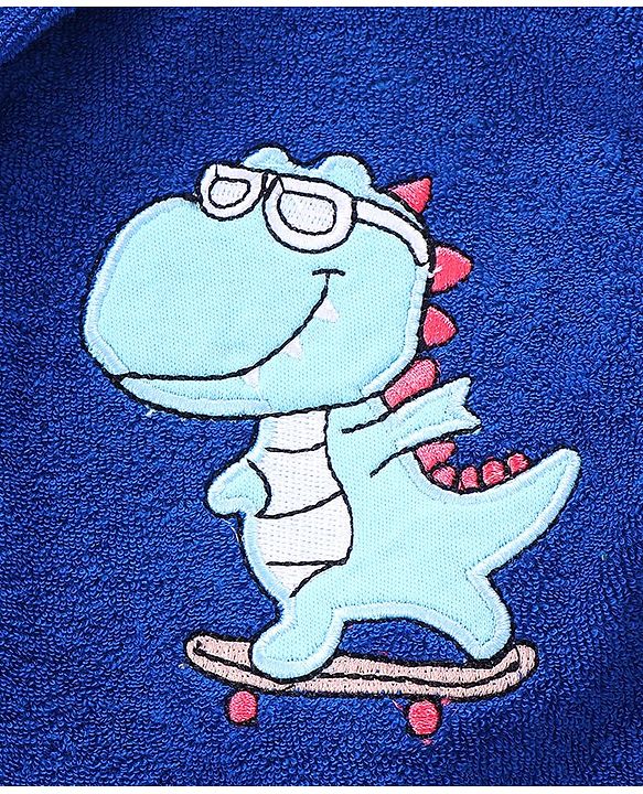 Babyhug Terry Knit Full Sleeves Hooded Bath Robe With Dino Embroidery - Navy Blue