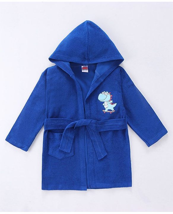 Babyhug Terry Knit Full Sleeves Hooded Bath Robe With Dino Embroidery - Navy Blue