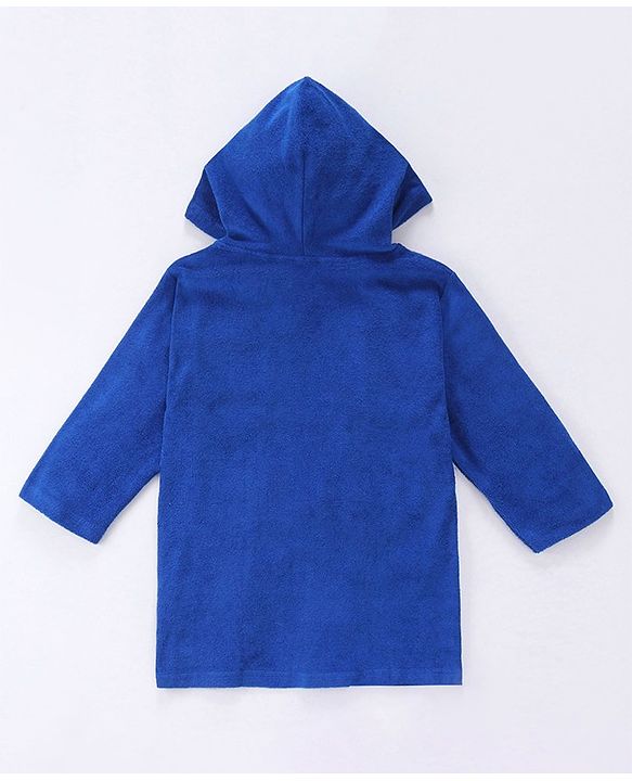Babyhug Terry Knit Full Sleeves Hooded Bath Robe With Dino Embroidery - Navy Blue