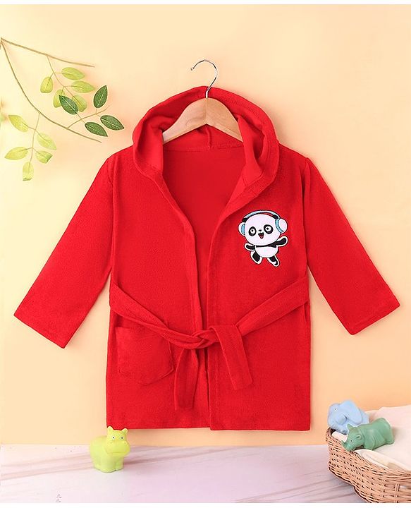 Babyhug Terry Knit Full Sleeves Hooded Bath Robe With Panda Embroidery - Red