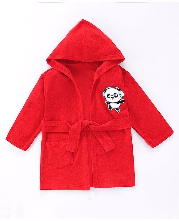 Babyhug Terry Knit Full Sleeves Hooded Bath Robe With Panda Embroidery - Red