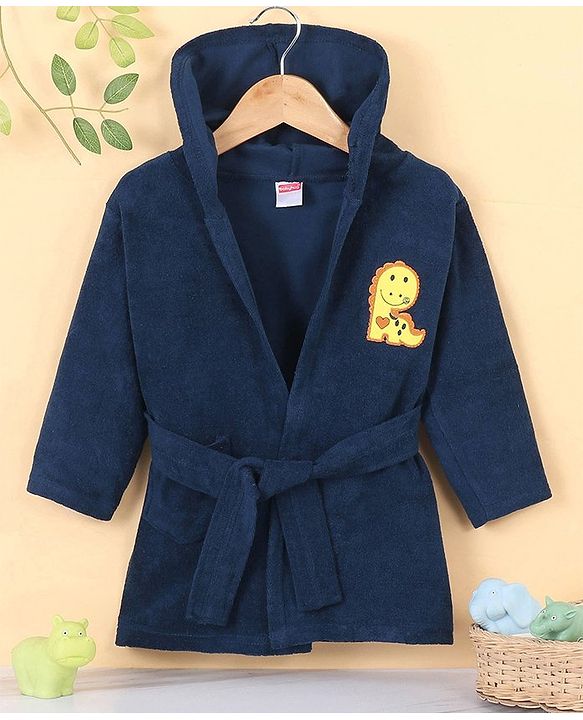Babyhug Terry Knirt Full Sleeves Bath Robe With Hood Dino Embroidery - Navy Blue
