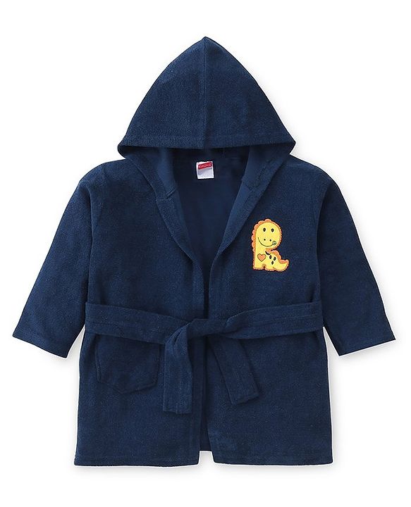 Babyhug Terry Knirt Full Sleeves Bath Robe With Hood Dino Embroidery - Navy Blue