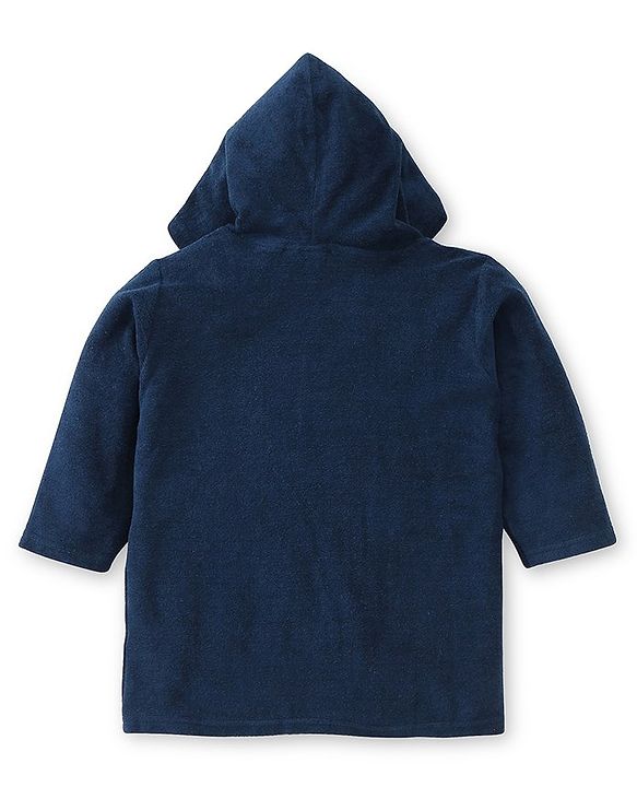 Babyhug Terry Knirt Full Sleeves Bath Robe With Hood Dino Embroidery - Navy Blue