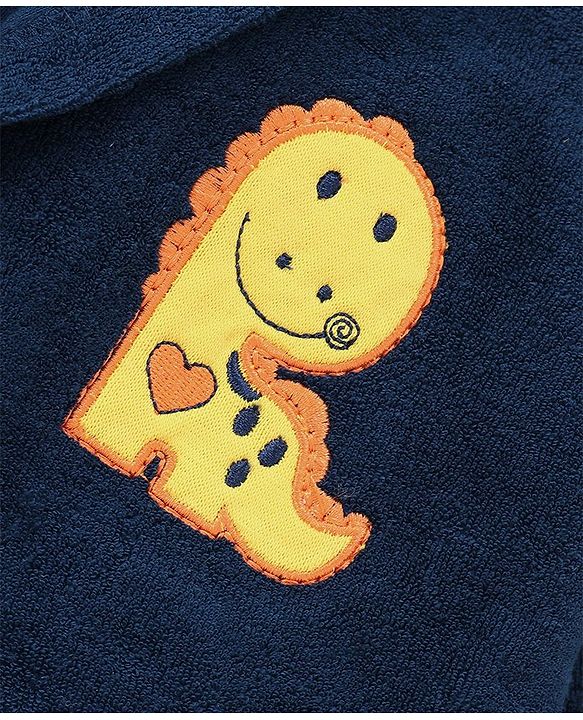 Babyhug Terry Knirt Full Sleeves Bath Robe With Hood Dino Embroidery - Navy Blue