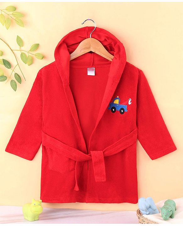Babyhug Terry Knit Full Sleeves Hooded Bath Robe With Plane Embroidery - Red