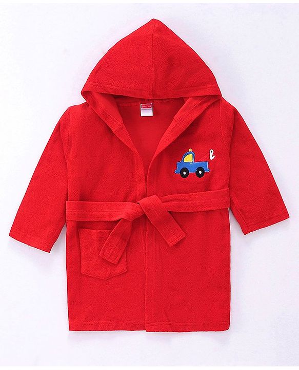 Babyhug Terry Knit Full Sleeves Hooded Bath Robe With Plane Embroidery - Red