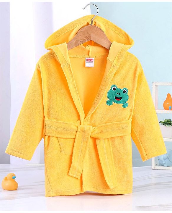 Babyhug Terry Knit Full Sleeves Bath Robe With Hood and Frog Embroidery - Yellow