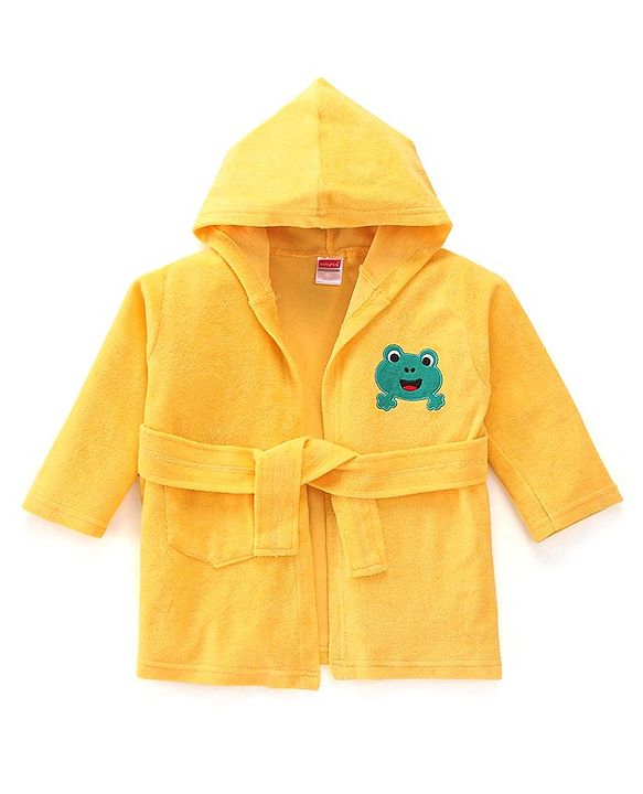 Babyhug Terry Knit Full Sleeves Bath Robe With Hood and Frog Embroidery - Yellow