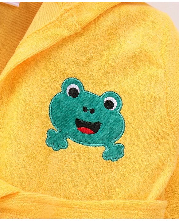 Babyhug Terry Knit Full Sleeves Bath Robe With Hood and Frog Embroidery - Yellow