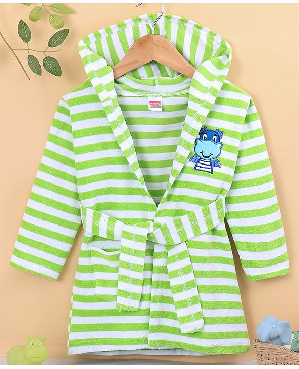 Babyhug Terry Knit Full Sleeves Bath Robe With Hood Dragon Embroidery - Green