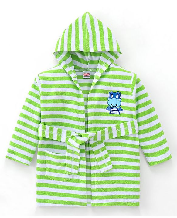 Babyhug Terry Knit Full Sleeves Bath Robe With Hood Dragon Embroidery - Green