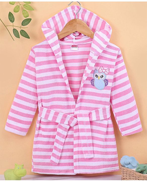 Babyhug Terry Knit Full Sleeves Bath Robe With Hood Owl Embroidery - Pink