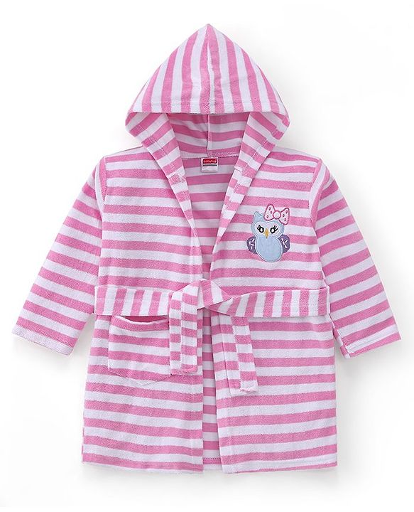 Babyhug Terry Knit Full Sleeves Bath Robe With Hood Owl Embroidery - Pink