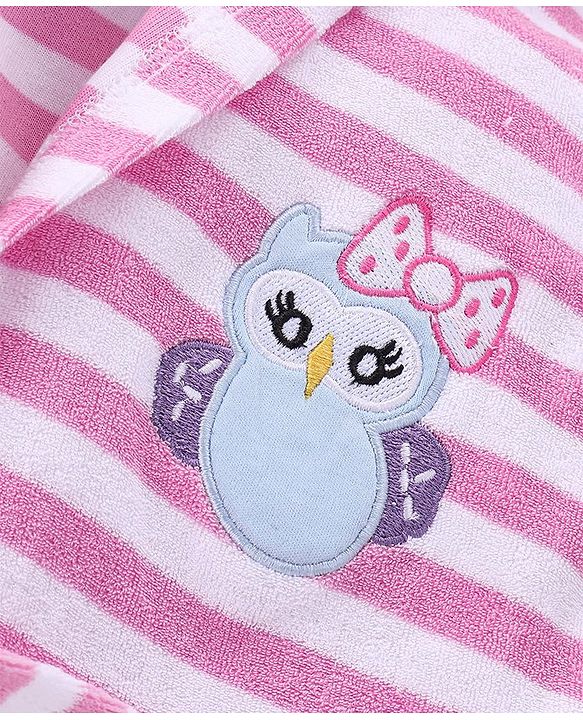 Babyhug Terry Knit Full Sleeves Bath Robe With Hood Owl Embroidery - Pink