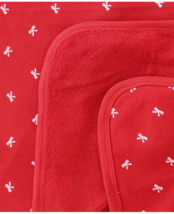 Babyhug Terry Knit Bow Print Towel Pack of 2 L 76.2 x B 76.2 cm- Red & White