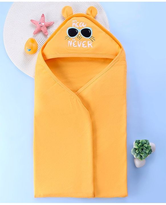 Babyhug Interlock Hooded Wrapper With Cat Print L 76.2 x B 76.2 cm - Orange
