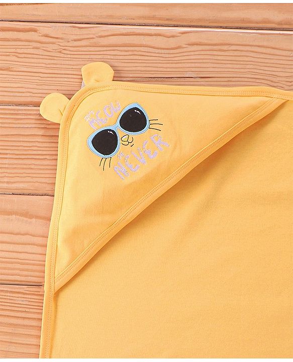 Babyhug Interlock Hooded Wrapper With Cat Print L 76.2 x B 76.2 cm - Orange